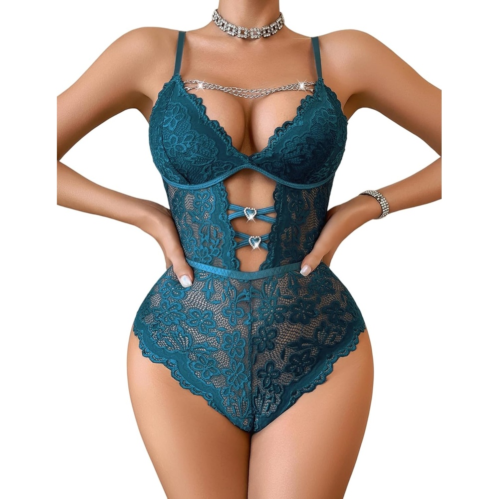 image:imageAvidlove Lingerie for Women Sexy Lace Bodysuit with Chain V Teddy Lingerie Rhinestone Cut Out One Piece Babydoll NightgownPeacock Blue