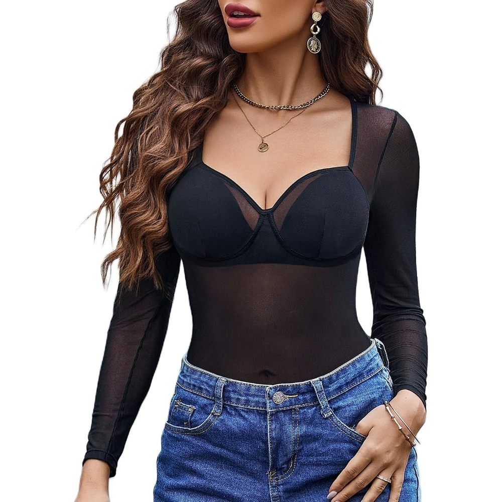 image:imageAvidlove Mesh Bodysuit Long Sleeve V Neck Leopard Print Going Out Tops Sheer Rave Outfits Clubwear Snap Crotch SXXLBlack
