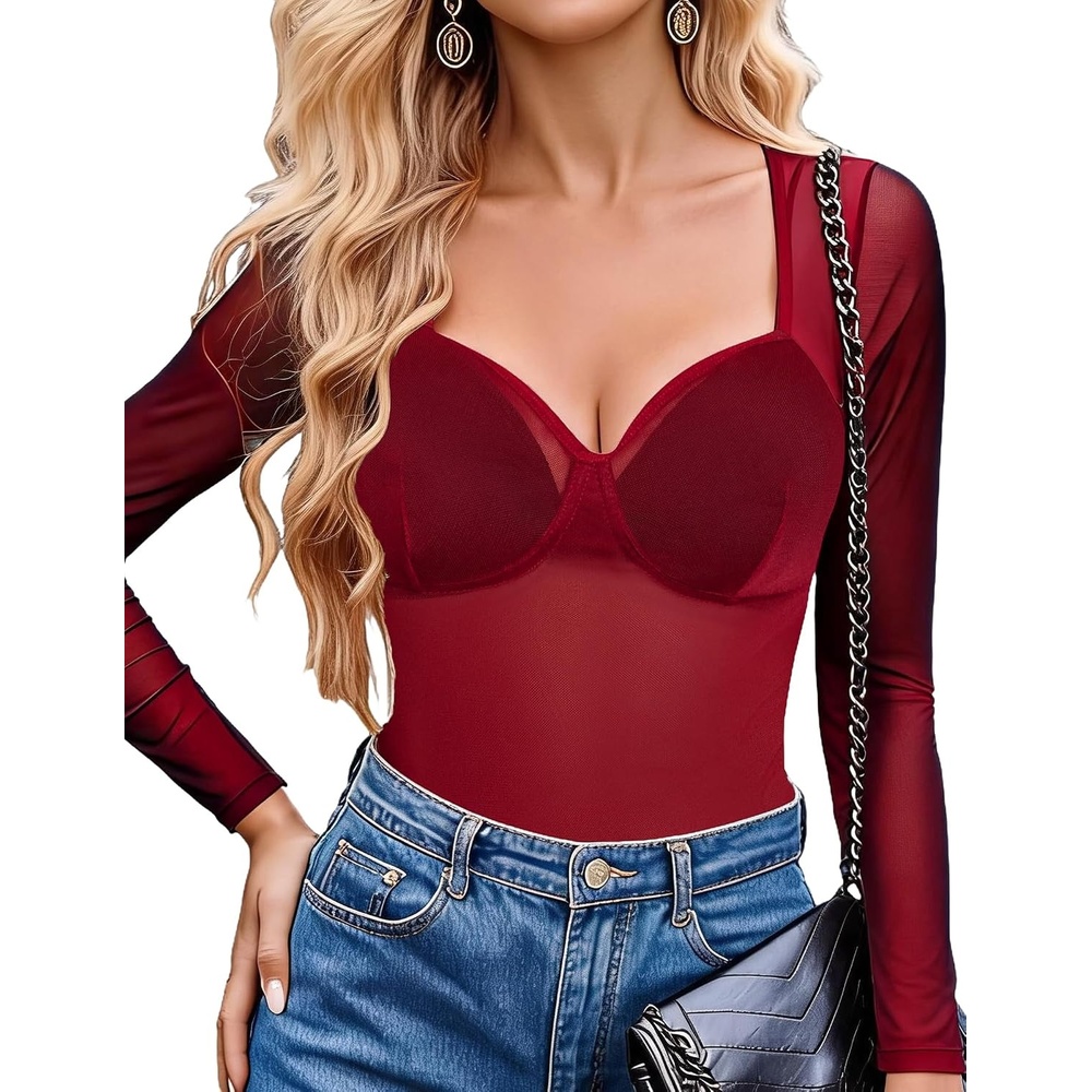 image:imageAvidlove Mesh Bodysuit Long Sleeve V Neck Leopard Print Going Out Tops Sheer Rave Outfits Clubwear Snap Crotch SXXLWine Red