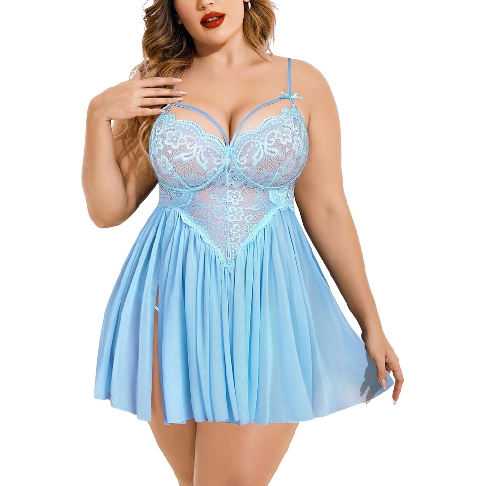 image:imageAvidlove Plus Size Lingerie Lace Babydoll Womens Strap Chemise Nightgown V Neck Nighty Mesh Sleepwear Side Slit NightdressBaby Blue
