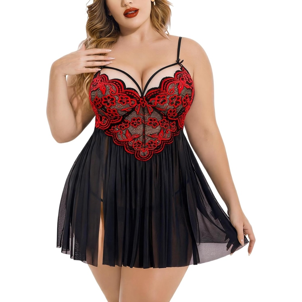 image:imageAvidlove Plus Size Lingerie Lace Babydoll Womens Strap Chemise Nightgown V Neck Nighty Mesh Sleepwear Side Slit NightdressBlack Red