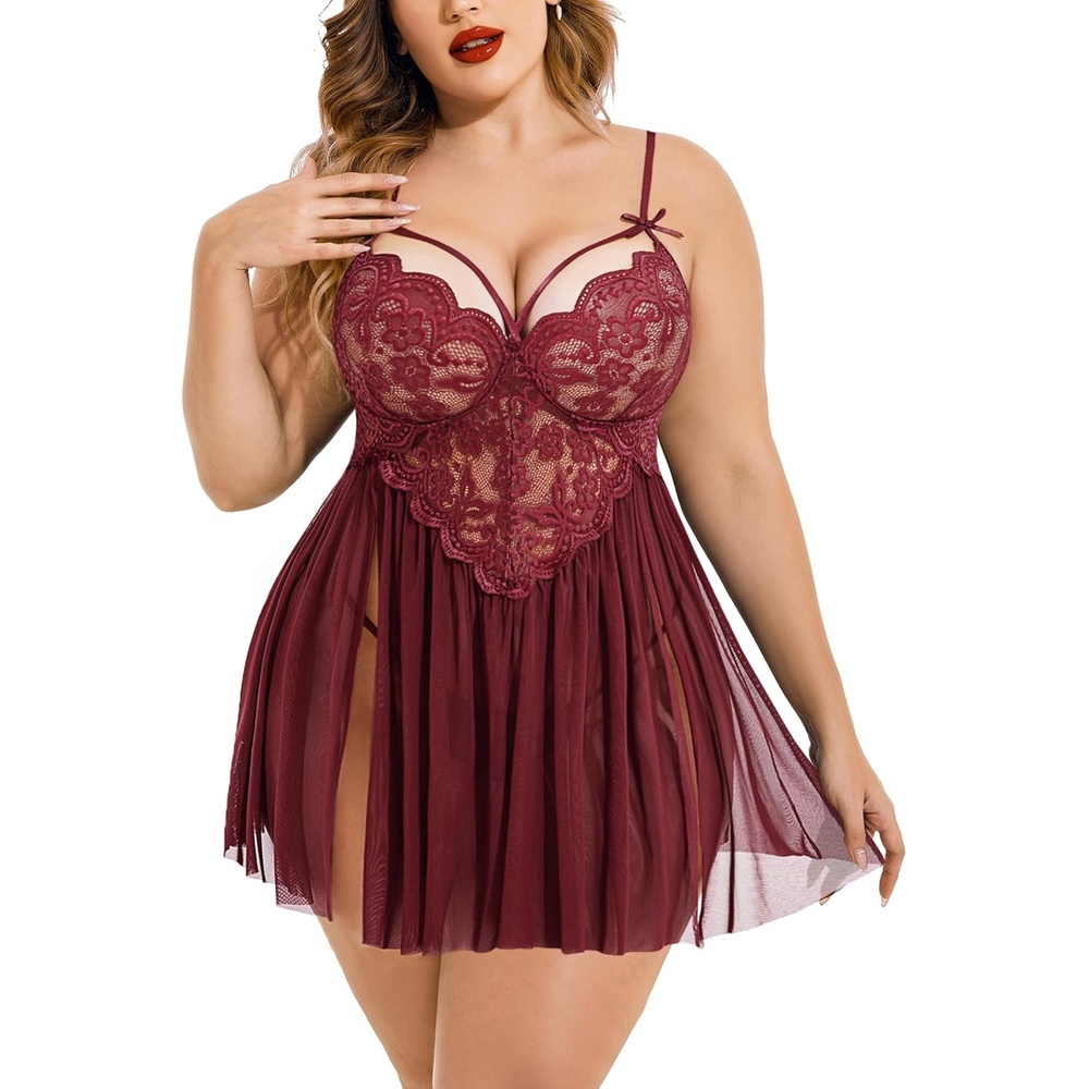 image:imageAvidlove Plus Size Lingerie Lace Babydoll Womens Strap Chemise Nightgown V Neck Nighty Mesh Sleepwear Side Slit NightdressBurgundy