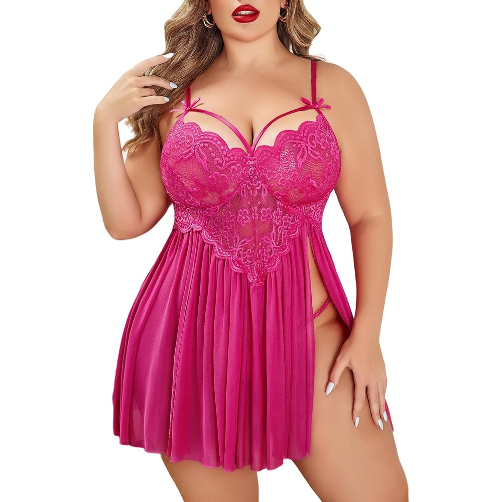image:imageAvidlove Plus Size Lingerie Lace Babydoll Womens Strap Chemise Nightgown V Neck Nighty Mesh Sleepwear Side Slit NightdressHot Pink