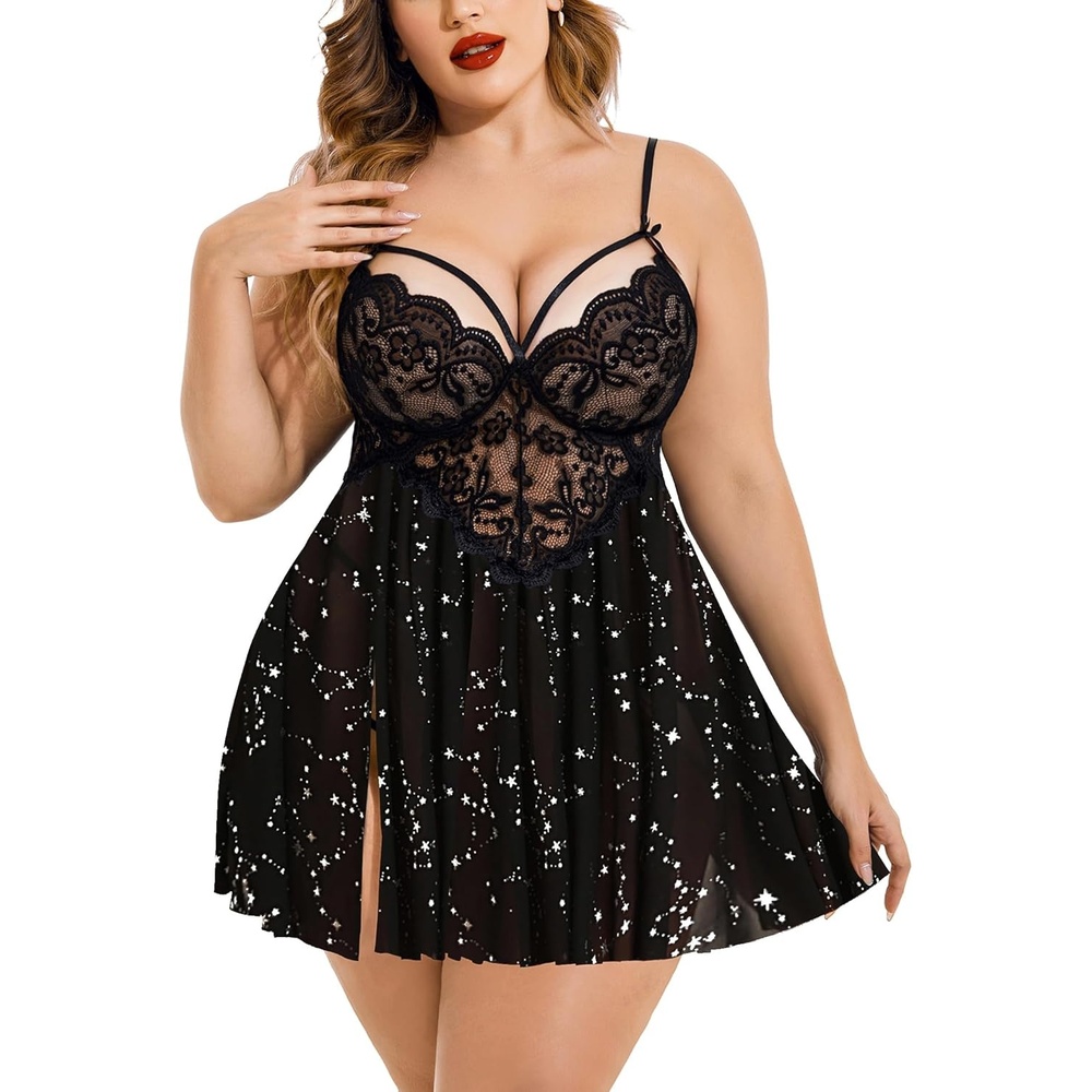 image:imageAvidlove Plus Size Lingerie Lace Babydoll Womens Strap Chemise Nightgown V Neck Nighty Mesh Sleepwear Side Slit NightdressStar Print