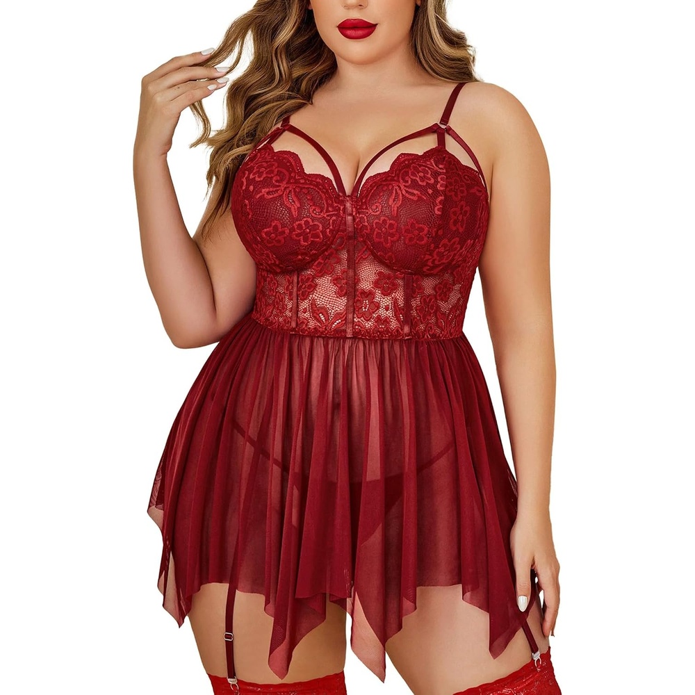 image:imageAvidlove Plus Size Lingerie Mesh Lace Babydoll Exotic Nightgowns  Soft and stretchy lace fabricwireless floral cupsadjustable strapscurvy girl lingeriesexy outfits honeymoon nightwearWine Red