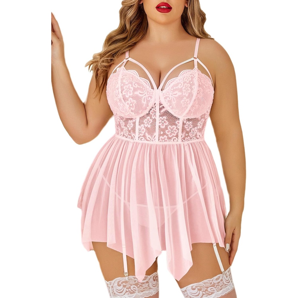 image:imageAvidlove Plus Size Lingerie Mesh Lace Babydoll Exotic Nightgowns  Soft and stretchy lace fabricwireless floral cupsadjustable strapscurvy girl lingeriesexy outfits honeymoon nightwearLight Pink