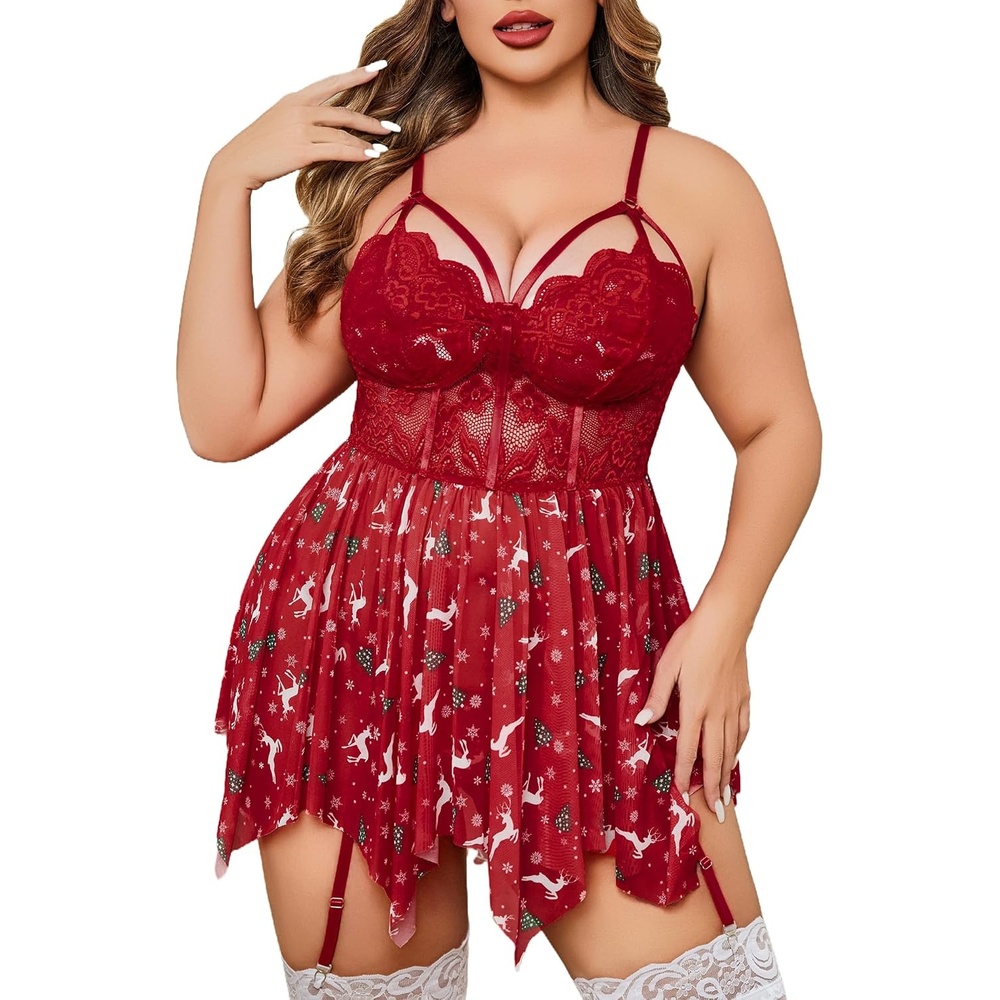 image:imageAvidlove Plus Size Lingerie Mesh Lace Babydoll Exotic Nightgowns  Soft and stretchy lace fabricwireless floral cupsadjustable strapscurvy girl lingeriesexy outfits honeymoon nightwearRed Christmas