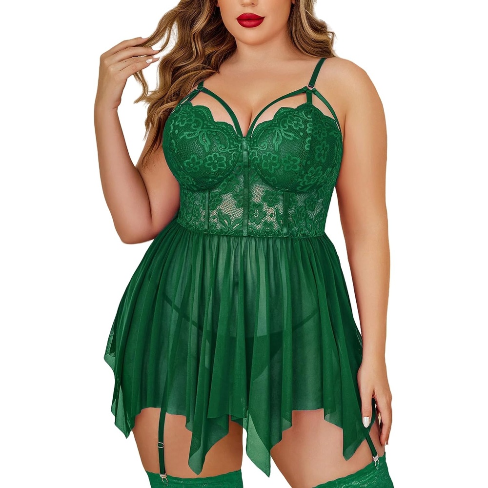 image:imageAvidlove Plus Size Lingerie Mesh Lace Babydoll Exotic Nightgowns  Soft and stretchy lace fabricwireless floral cupsadjustable strapscurvy girl lingeriesexy outfits honeymoon nightwearGreen