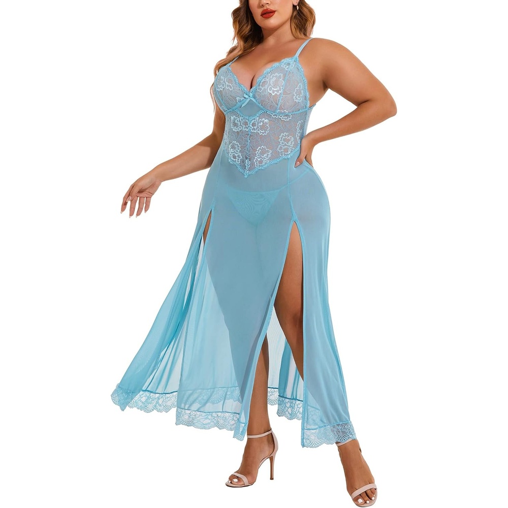 image:imageAvidlove Plus Size Lingerie for Curvy Women Long Lace Babydoll Nightdress  V neck sheer mesh nightgowngstring includedhigh side slitsadjustable strapscurveflattering fitmaternity photoshootLight Blue