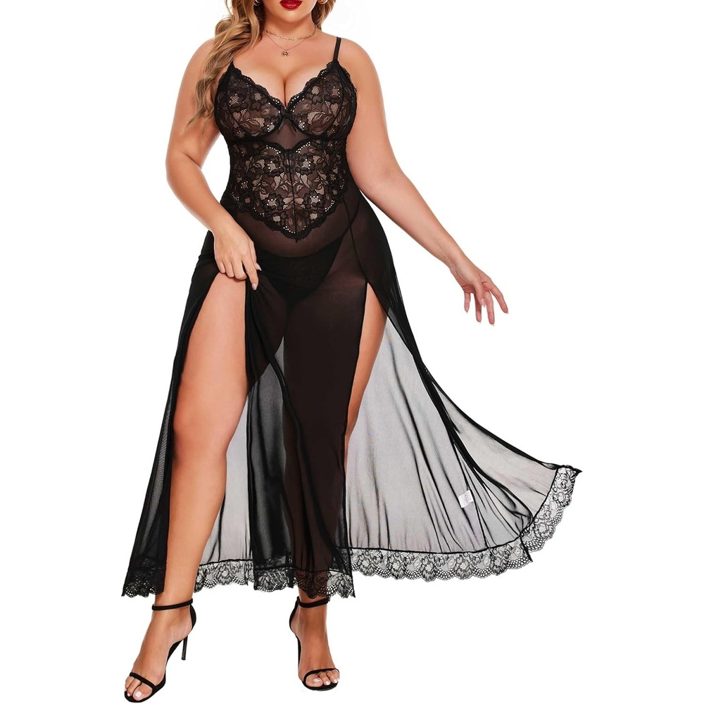 image:imageAvidlove Plus Size Lingerie for Curvy Women Long Lace Babydoll Nightdress  V neck sheer mesh nightgowngstring includedhigh side slitsadjustable strapscurveflattering fitmaternity photoshootBlack