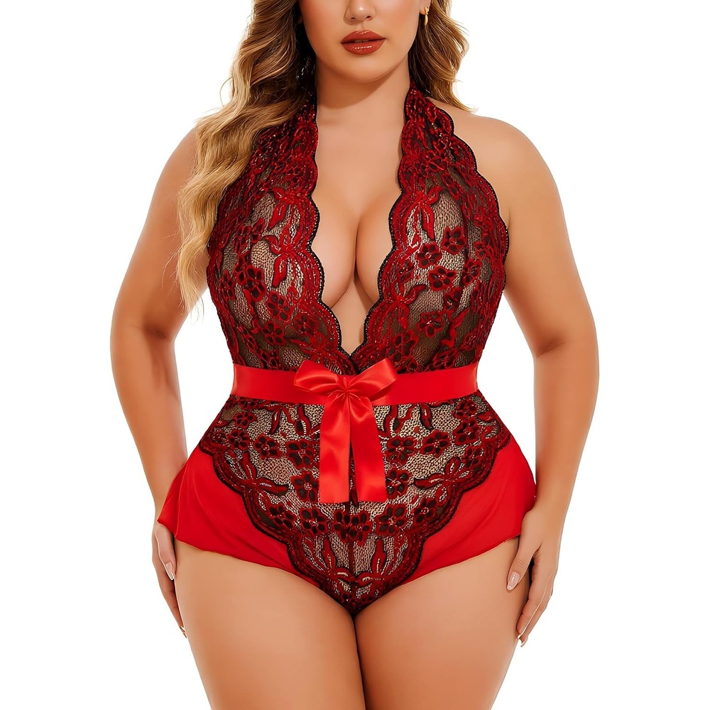 image:imageAvidlove Plus Size Lingerie for Women Halter Deep V Lace Bodysuit Teddy Sleepwear Black 18 PlusBlack Redplus Size