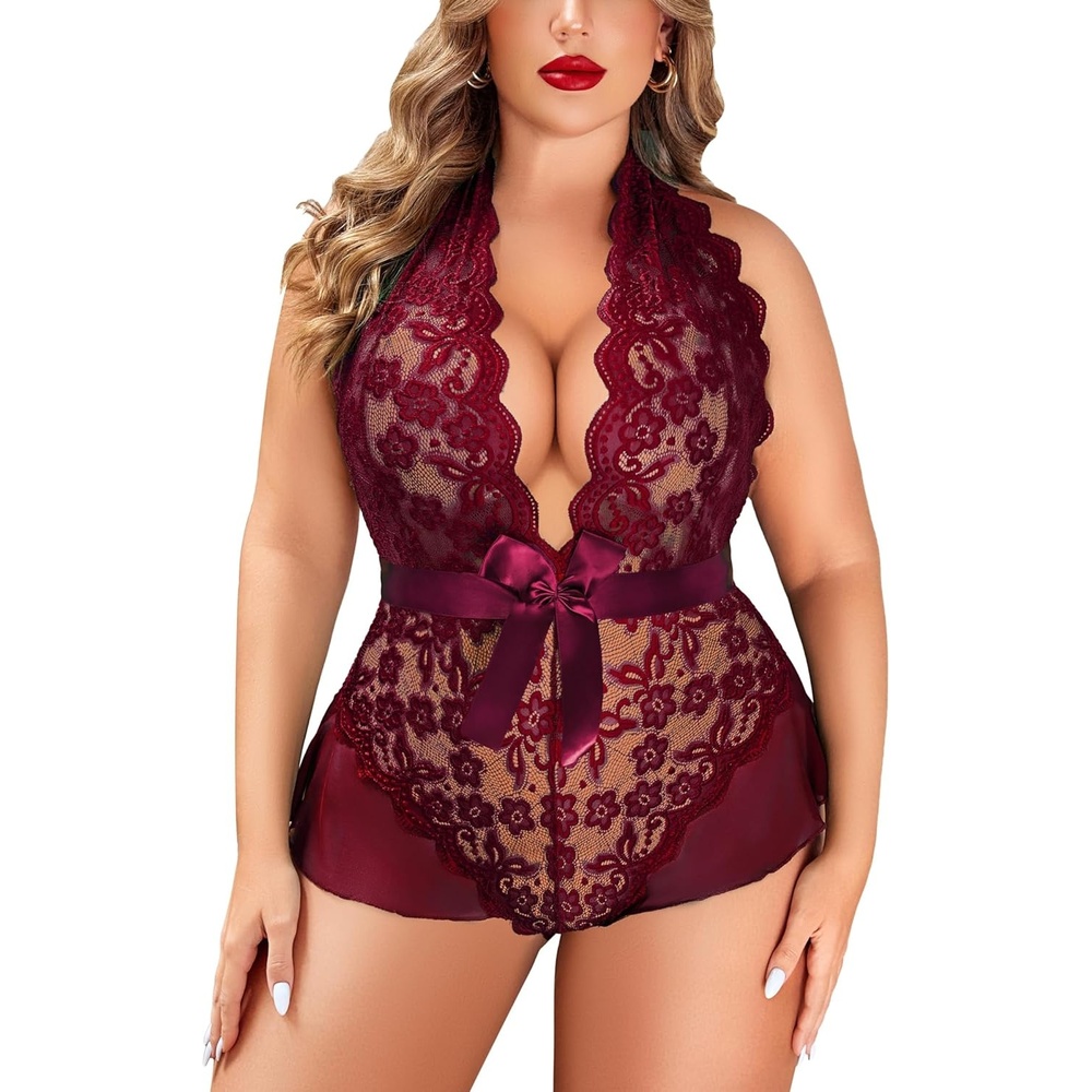 image:imageAvidlove Plus Size Lingerie for Women Halter Deep V Lace Bodysuit Teddy Sleepwear Black 18 PlusDark Redplus Size