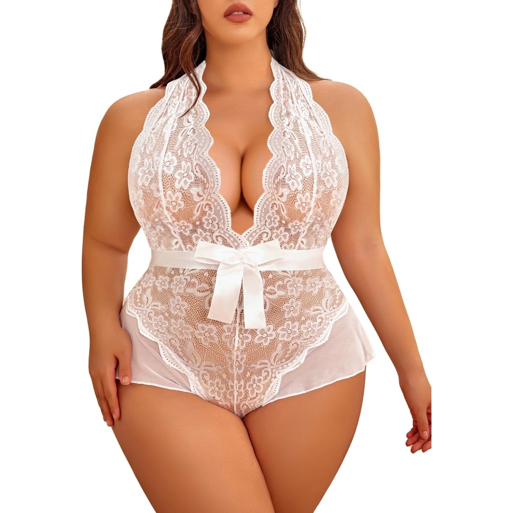 image:imageAvidlove Plus Size Lingerie for Women Halter Deep V Lace Bodysuit Teddy Sleepwear Black 18 PlusWhiteplus Size