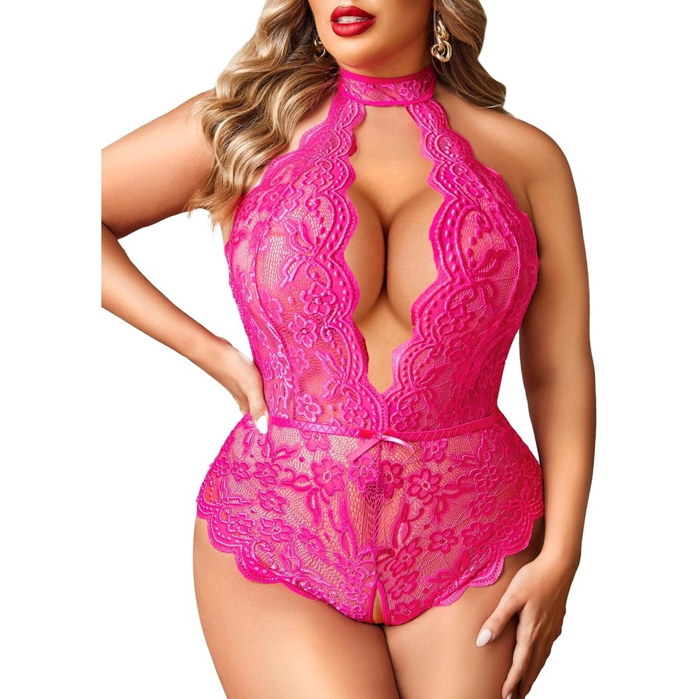image:imageAvidlove Plus Size Lingerie for Women Lace Bodysuit Halter Teddy Babydoll Nightgown 1624 PlusRose Red
