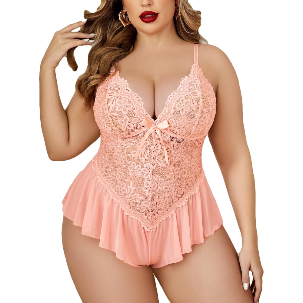 image:imageAvidlove Plus Size Teddy Lingerie for Women V Neck Lace Bodysuit  Floral lace lingerie bodysuit soft stretch fabric for curvy figures date night or honeymoonOrange Pink