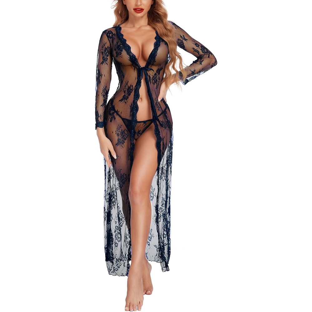 image:imageAvidlove Sexy Lace Robe for Women Lingerie Bridal Lace Babydoll Robe Lingerie Sheer Wedding GownNavy Blue