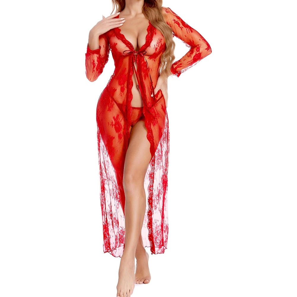image:imageAvidlove Sexy Lace Robe for Women Lingerie Bridal Lace Babydoll Robe Lingerie Sheer Wedding GownRed