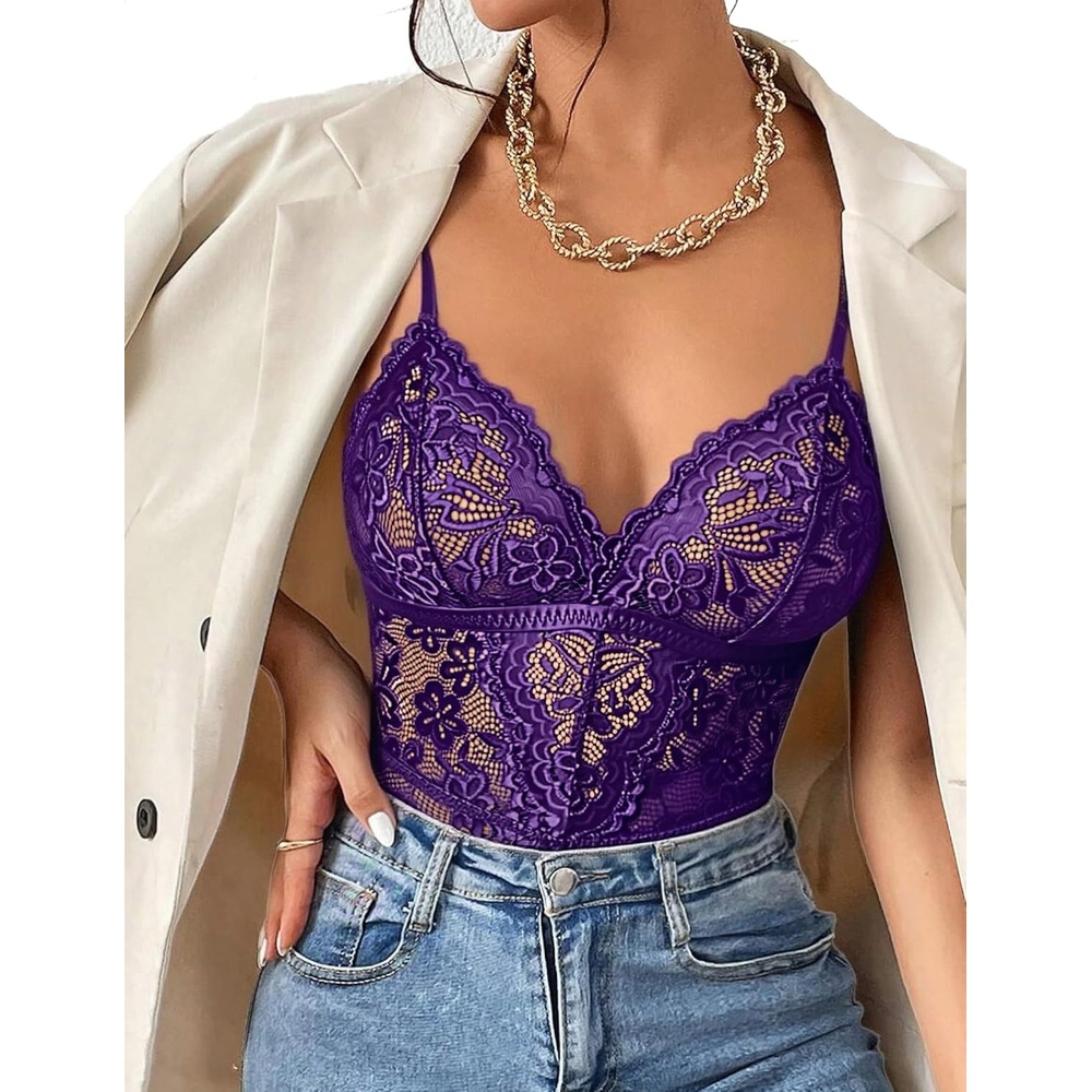 image:imageAvidlove Sexy Lace V Neck Teddy Corset Bodysuit Lingerie Top 2 Piece Set with Garter BeltPurple