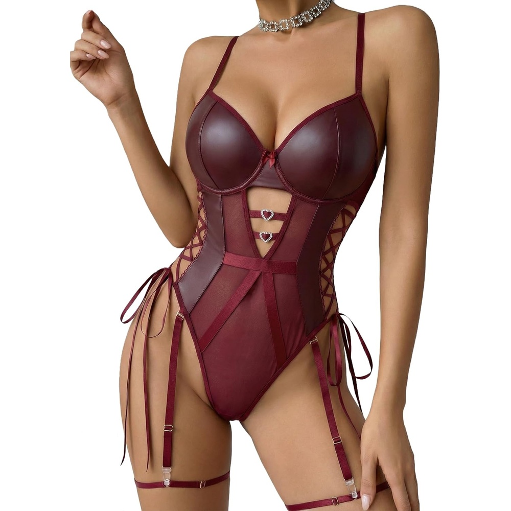 image:imageAvidlove Sexy Lingerie for Women Leather Teddy Lingerie Mesh Bodysuit Garter Belt Set SXXLNo leg ringDark Red