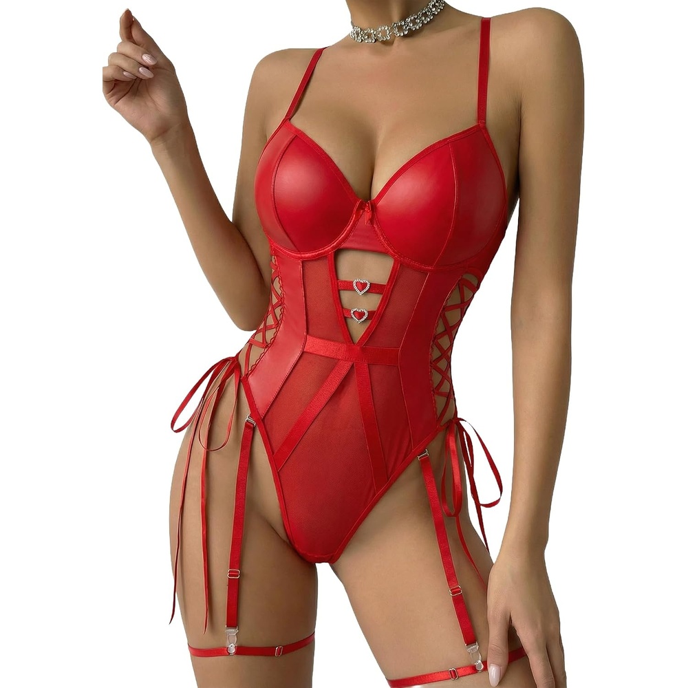 image:imageAvidlove Sexy Lingerie for Women Leather Teddy Lingerie Mesh Bodysuit Garter Belt Set SXXLNo leg ringRed