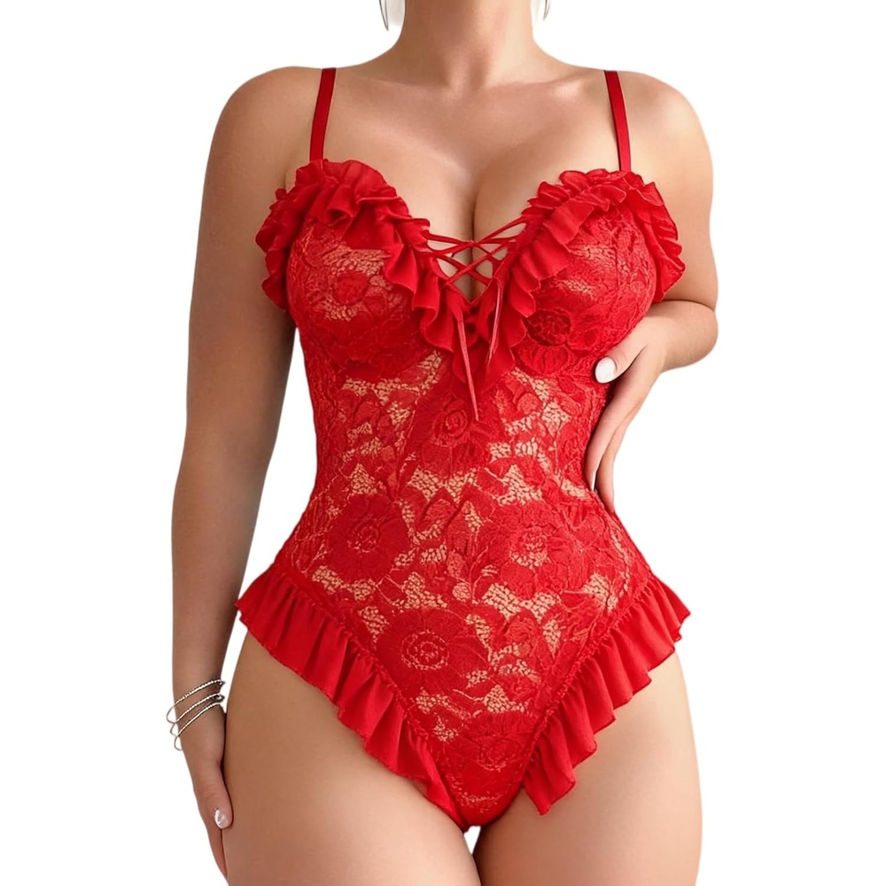 image:imageAvidlove Sexy Lingerie for Women Ruffle Lace Teddy LaceUp Snap CrotchRed