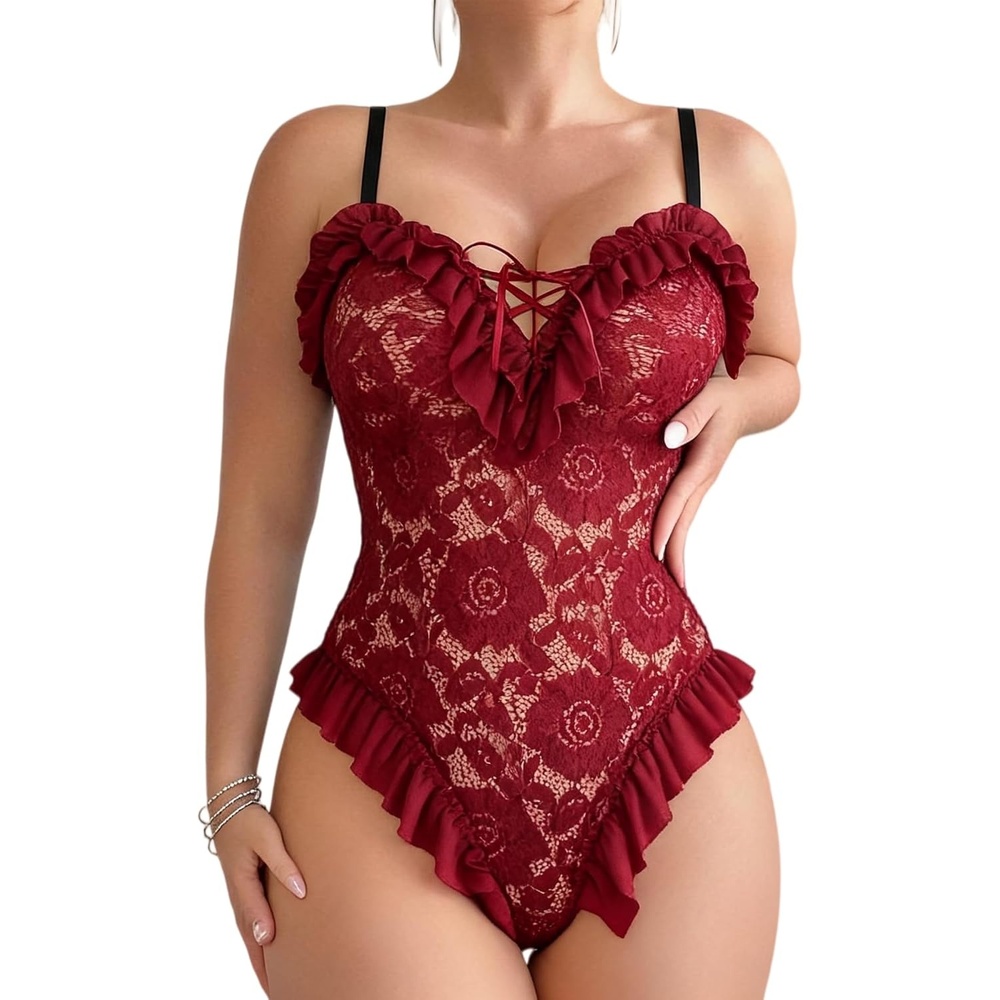 image:imageAvidlove Sexy Lingerie for Women Ruffle Lace Teddy LaceUp Snap CrotchWine Red