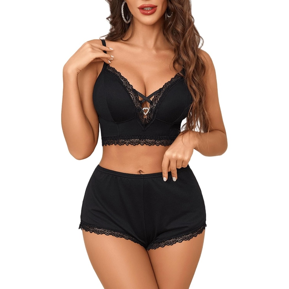 image:imageAvidlove Sexy Pajamas V Neck Womens Pajama Sets Shorts Lace Trim Cami Pj Set 2 piece PJS Lingerie SleepwearBlack