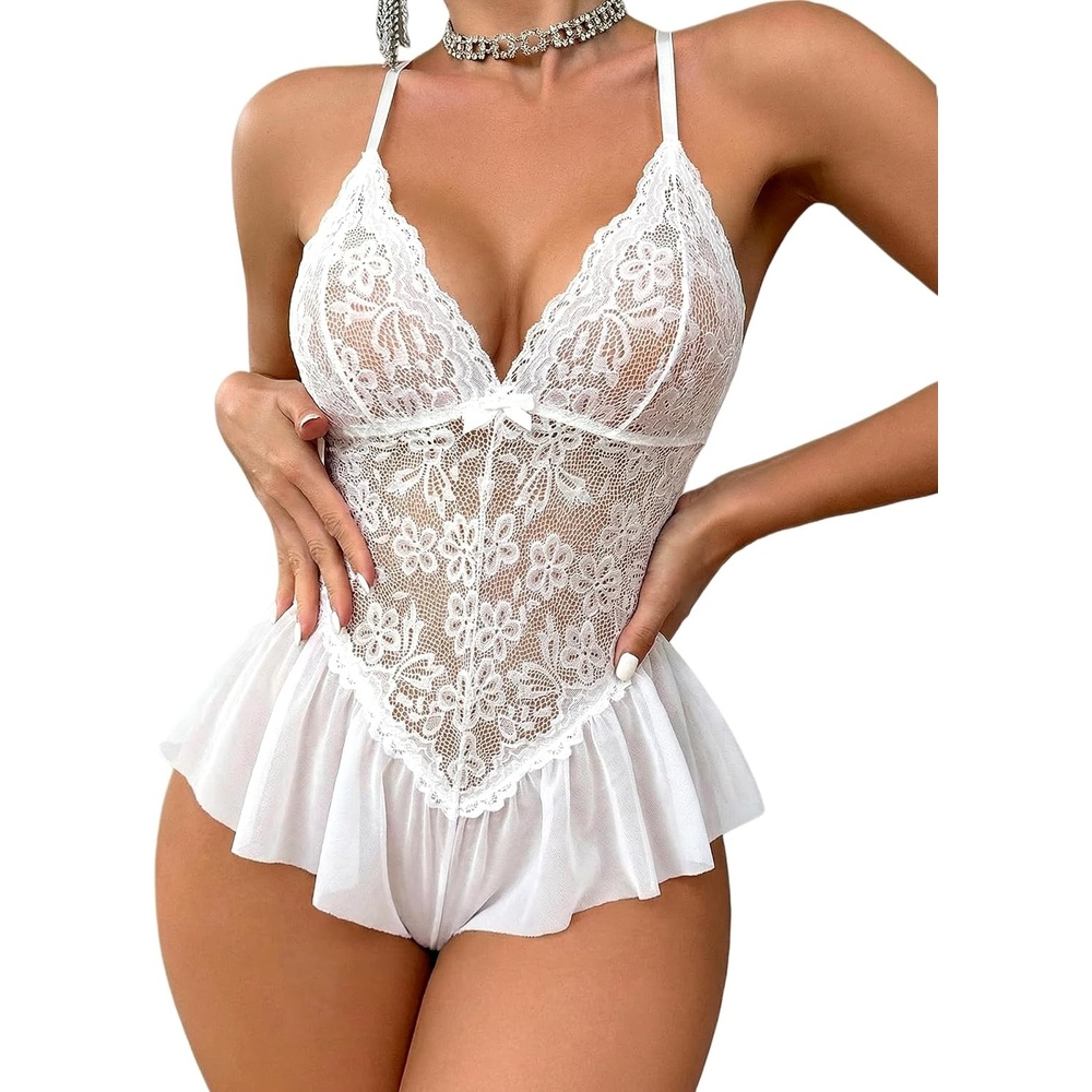 image:imageAvidlove Teddy Lingerie for Women Lace Bodysuit One Piece Babydoll  Soft mesh chemise V neck sleepwear adjustable straps wireless cups curvefriendly fit for date night or boudoir shootWhite