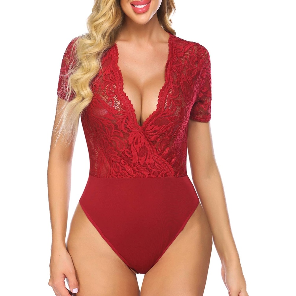 image:imageAvidlove Women Lace Bodysuit Lingerie Tops Sexy Deep V Bodysuit Tops One Piece Body Suit Short Sleeve SXXXLWine Redwith Snap Crotch