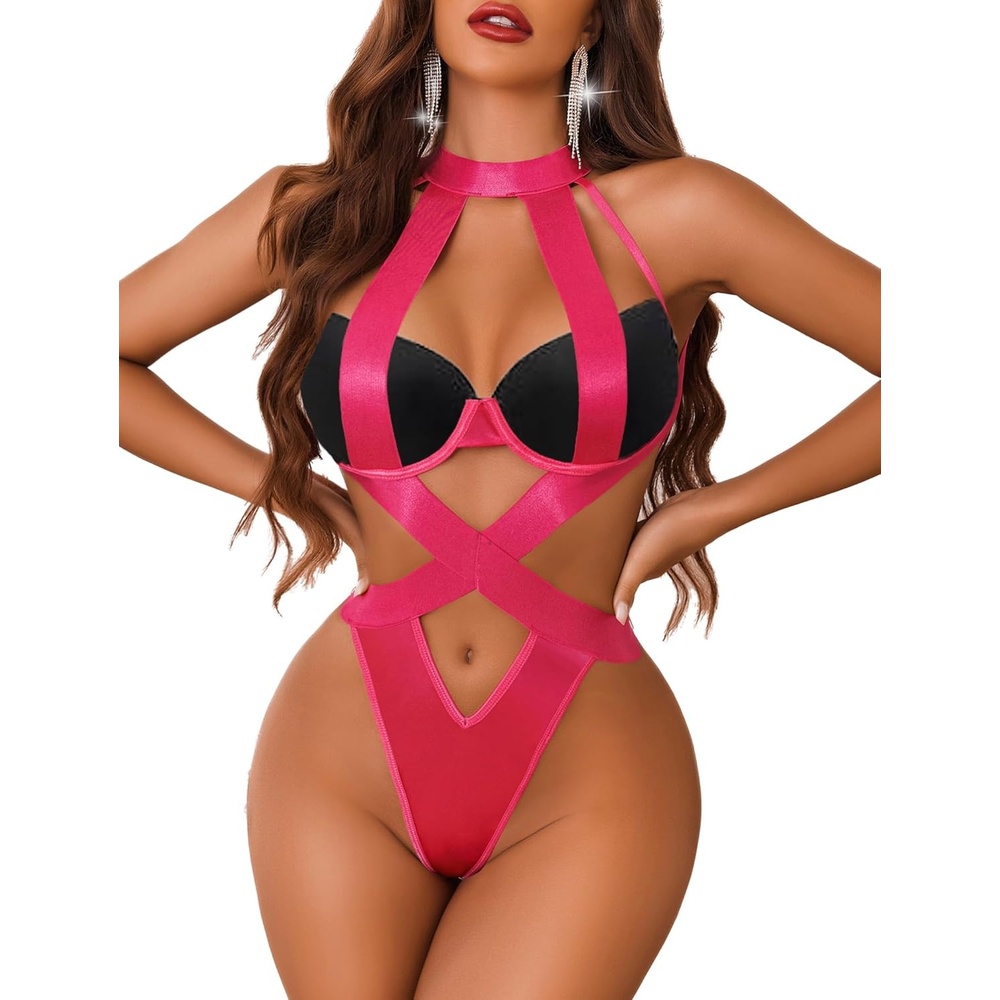 image:imageAvidlove Women Lingerie Sexy Bodysuit Strappy Teddy Lingeries One Piece Mini Babydoll with UnderwireRose Pink