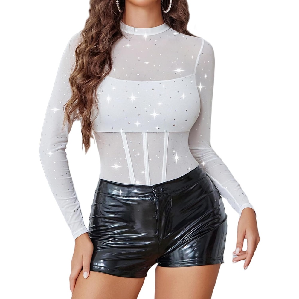 image:imageAvidlove Women Mesh Bodysuit Lingerie Mock Neck Long Sleeve Sheer Rhinestone Going Out TopWhite