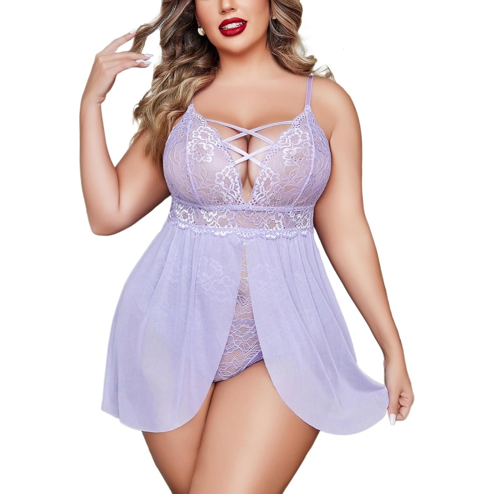 image:imageAvidlove Women Plus Size Lingerie Lace Babydoll V Neck Bodysuit SleepwearLilac