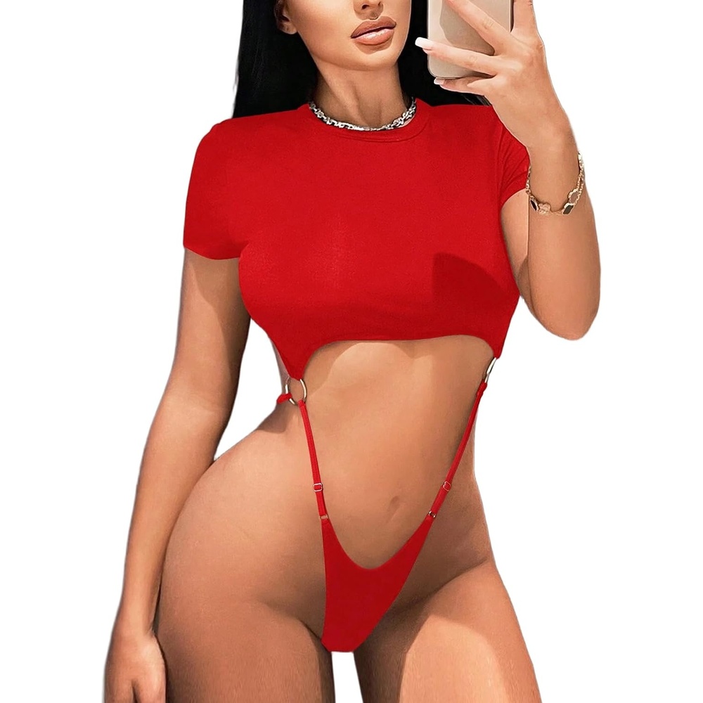 image:imageAvidlove Women Sexy Cut Out Lingerie Bodysuit Short Sleeve Slim Crop TopsRed