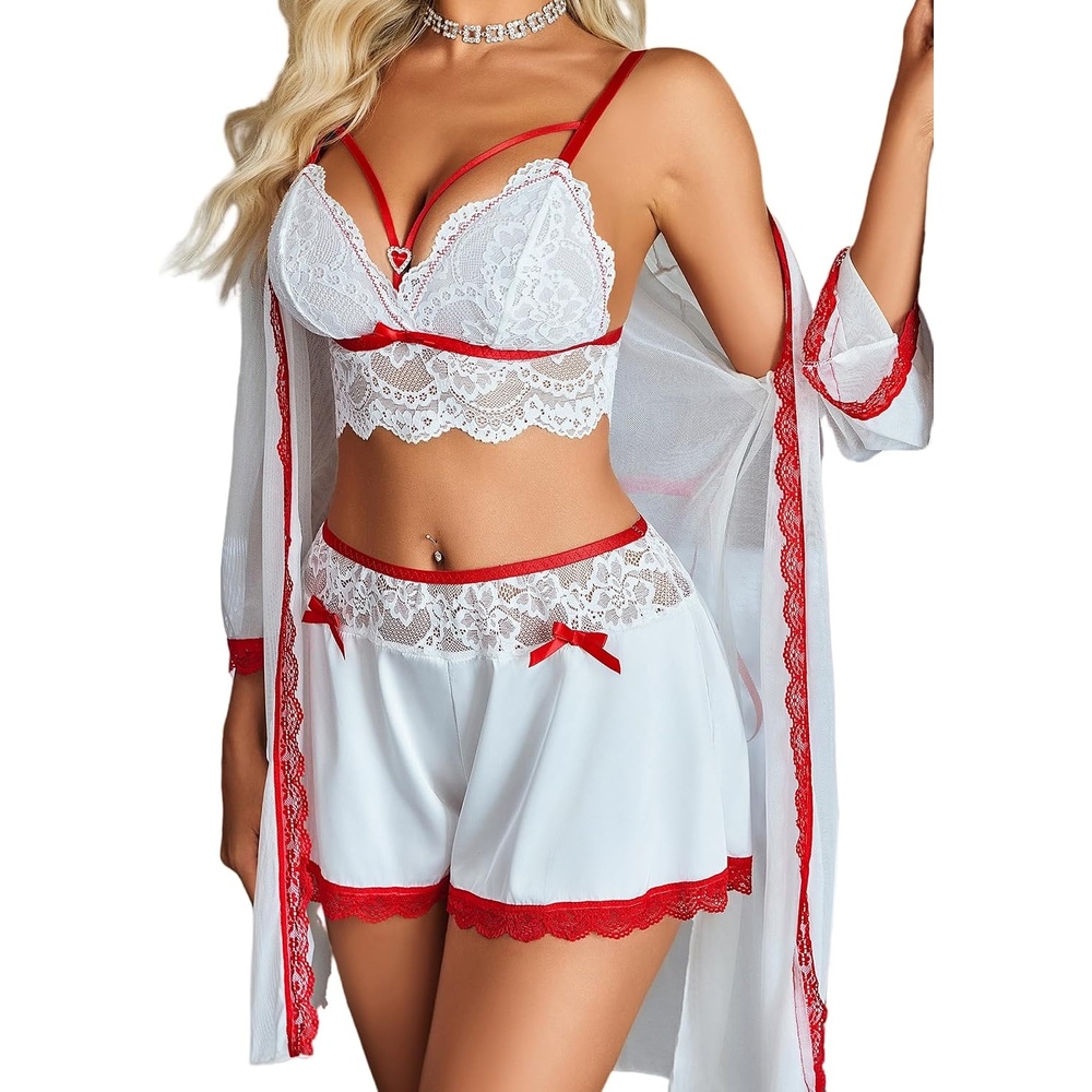 image:imageAvidlove Women Sexy Pajamas Set 3 Piece Lingerie Lace Cami Sleepwear and Silk Satin Pjs Sets with Mesh Kimono RobeWhite Mix Red