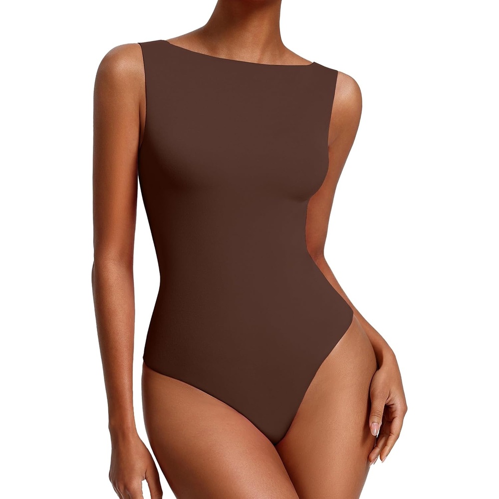 image:imageAvidlove Womens Boat Neck Bodysuits Double Lined Tank Body Suits Seamless Fitte One Piece Going Out Top OutfitsBrown