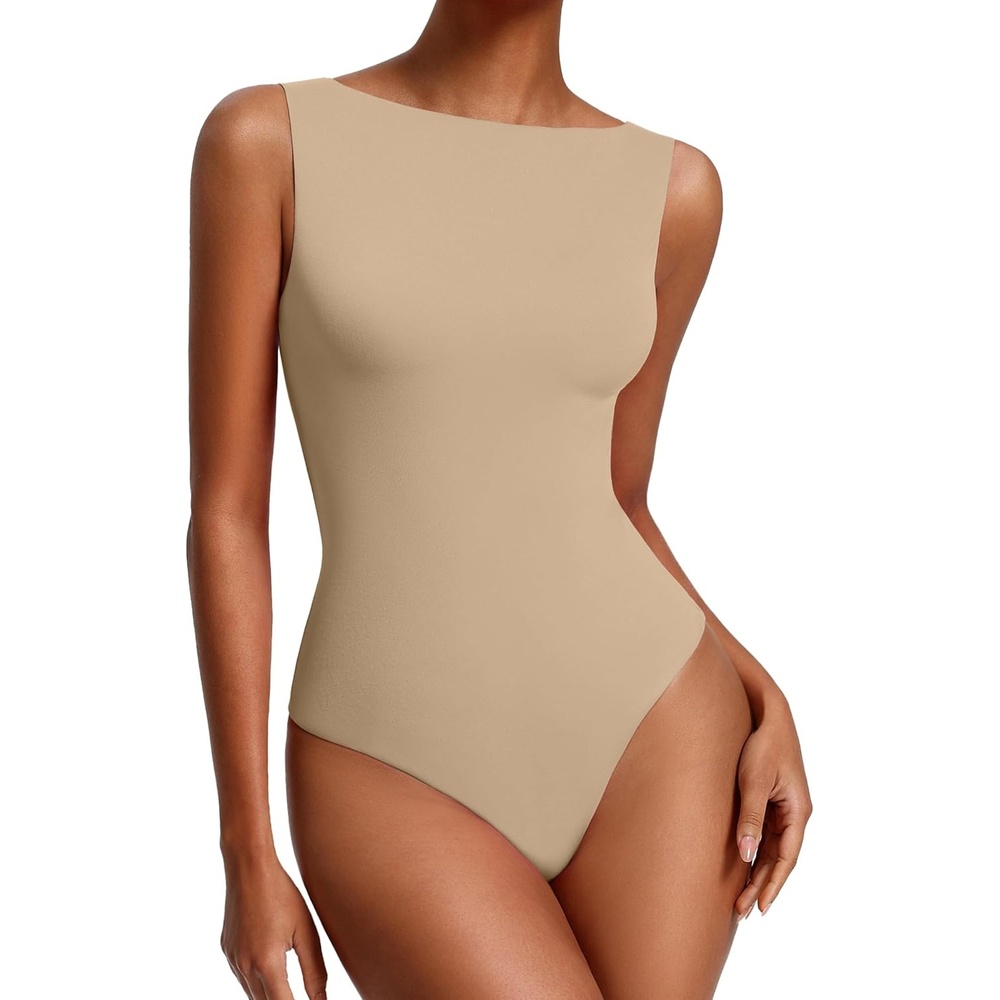 image:imageAvidlove Womens Boat Neck Bodysuits Double Lined Tank Body Suits Seamless Fitte One Piece Going Out Top OutfitsNude