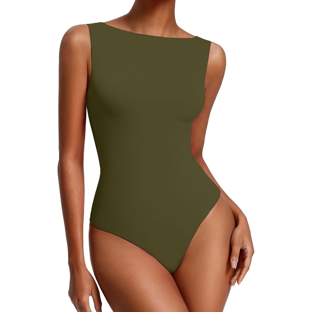 image:imageAvidlove Womens Boat Neck Bodysuits Double Lined Tank Body Suits Seamless Fitte One Piece Going Out Top OutfitsOlive Green