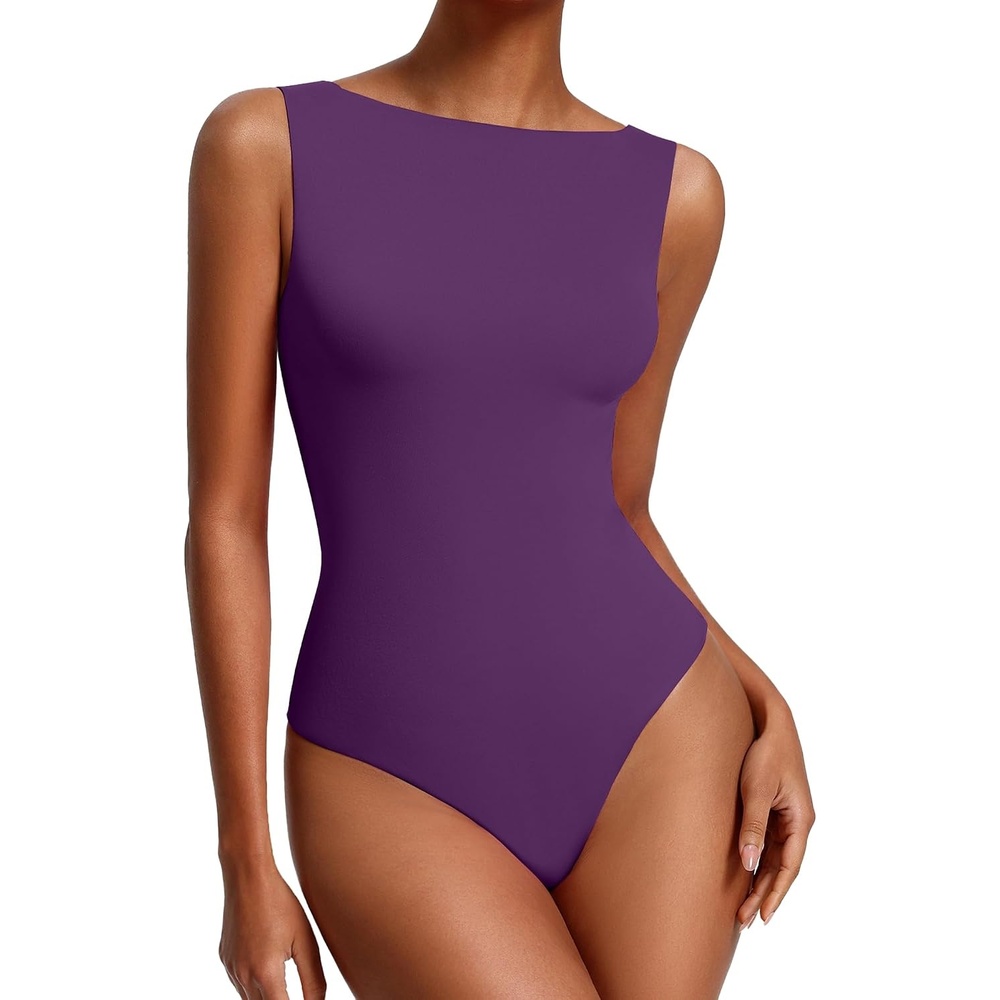 image:imageAvidlove Womens Boat Neck Bodysuits Double Lined Tank Body Suits Seamless Fitte One Piece Going Out Top OutfitsPurple