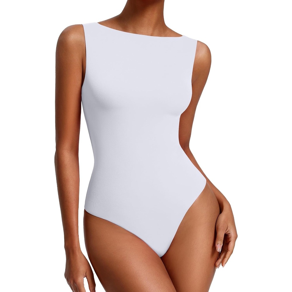 image:imageAvidlove Womens Boat Neck Bodysuits Double Lined Tank Body Suits Seamless Fitte One Piece Going Out Top OutfitsWhite