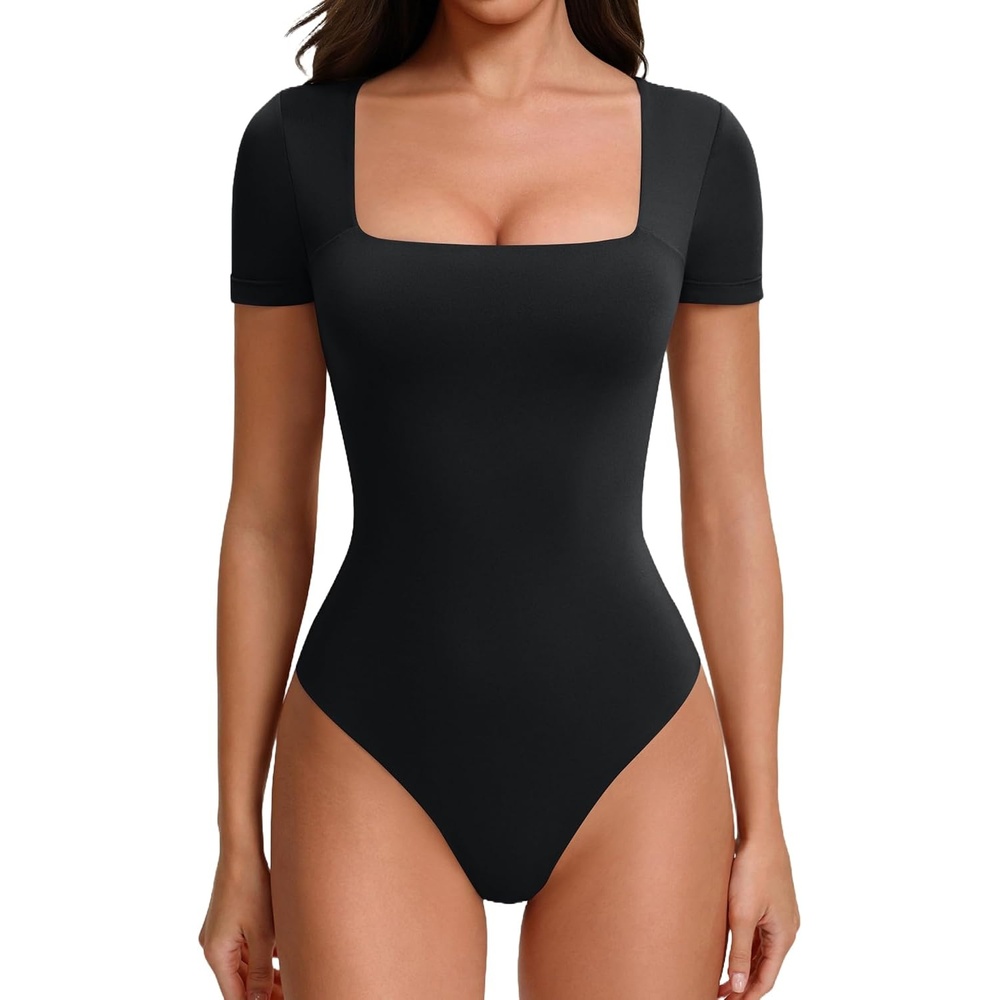 image:imageAvidlove Womens Bodysuit Short Sleeve Square Neck Body Suits Thong Double Lined Slim Fit Basic Tee ShirtsBlack