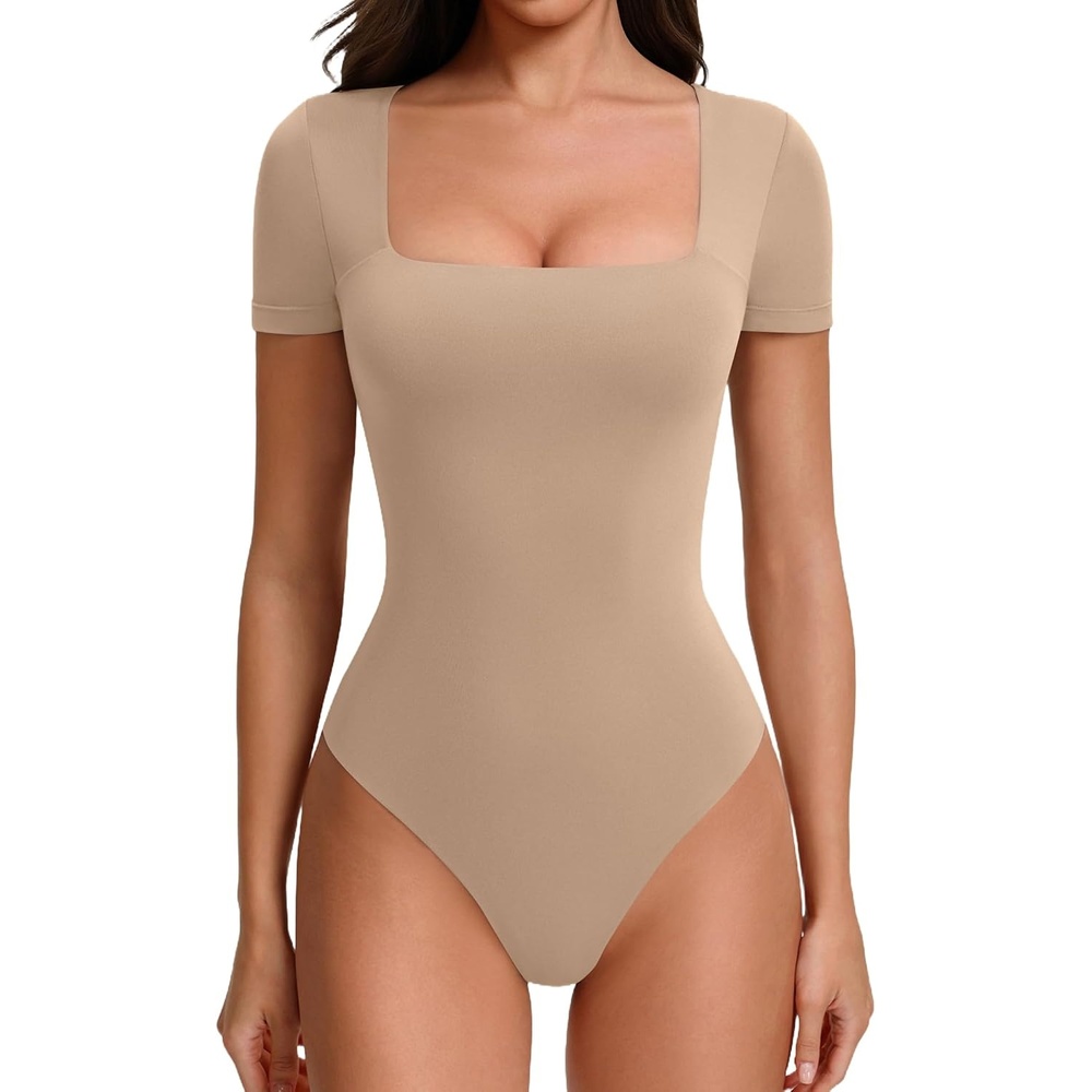 image:imageAvidlove Womens Bodysuit Short Sleeve Square Neck Body Suits Thong Double Lined Slim Fit Basic Tee ShirtsNude