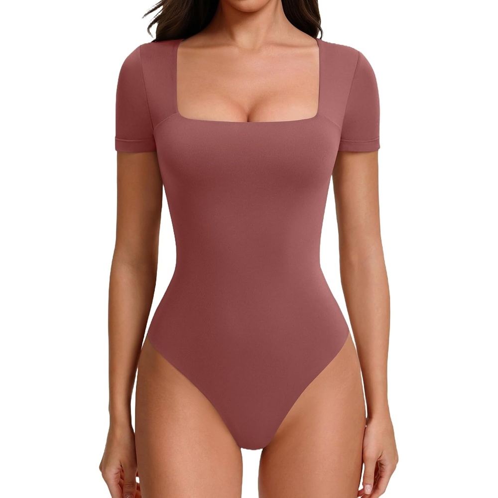 image:imageAvidlove Womens Bodysuit Short Sleeve Square Neck Body Suits Thong Double Lined Slim Fit Basic Tee ShirtsPurple Red