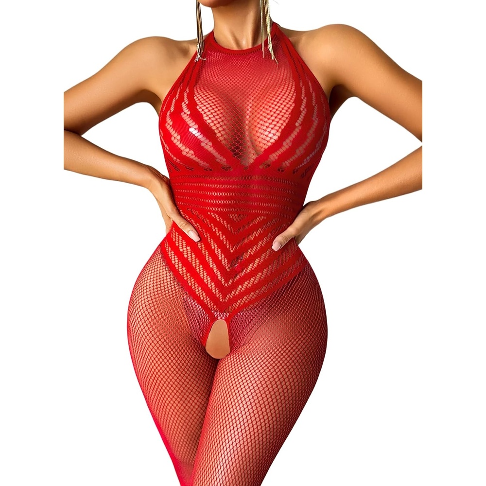 image:imageAvidlove Womens Fishnet Bodystocking One Size Mesh Full Bodysuit Stocking Halter Lingerie for Club RaveWithout UnderwearRed