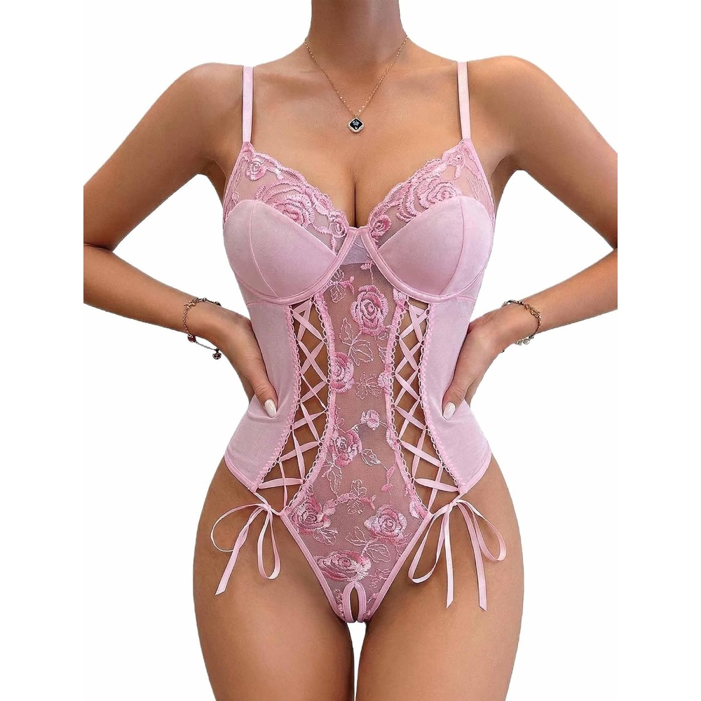 image:imageAvidlove Womens Lace Up Front V Neck Bustier Lingerie Sexy One Piece Teddy Lingerie Bodysuit Boudoir OutfitPink