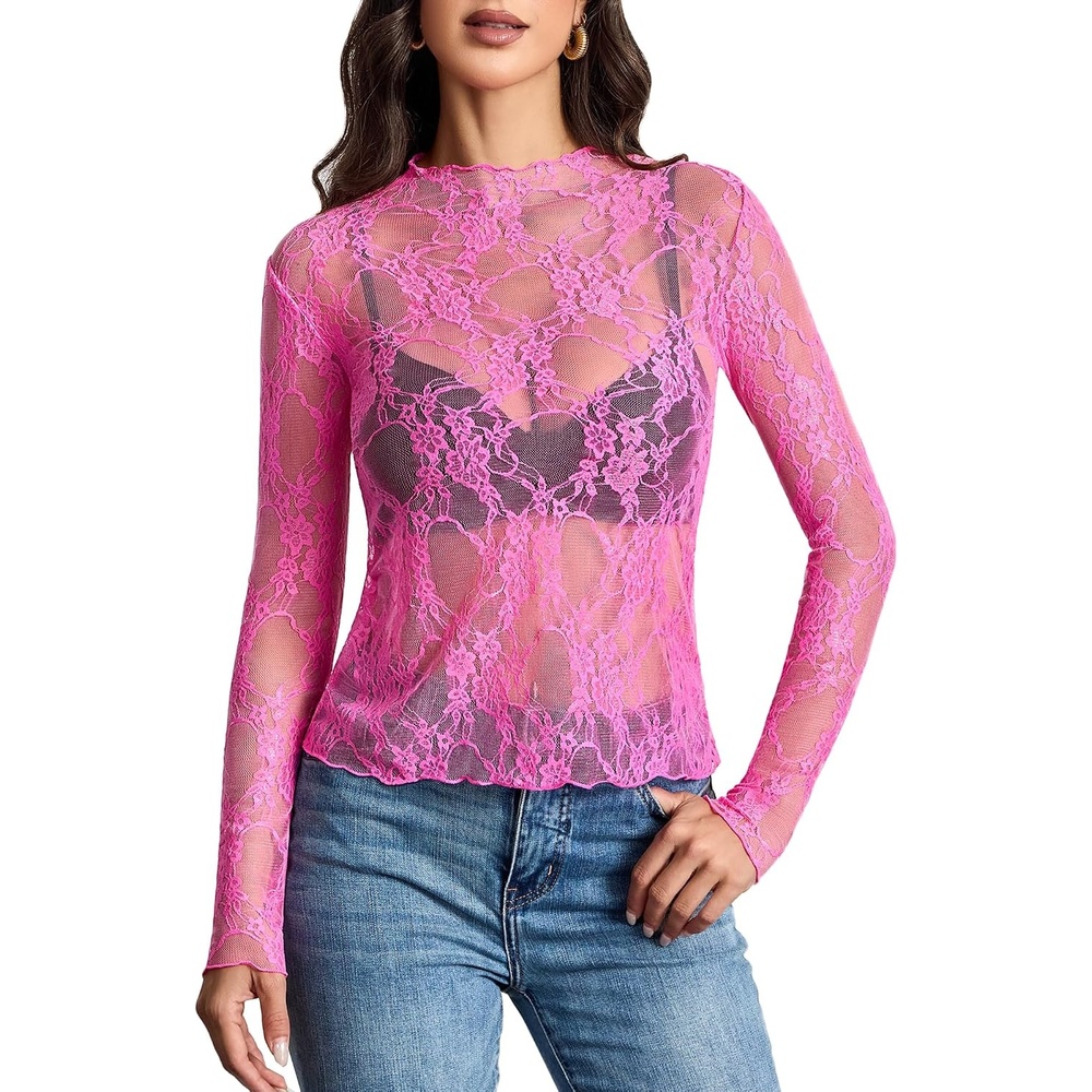 image:imageAvidlove Womens Mesh Top Long Sleeve Mock Neck Sheer Blouse See Through Floral Lace TopsHot Pink