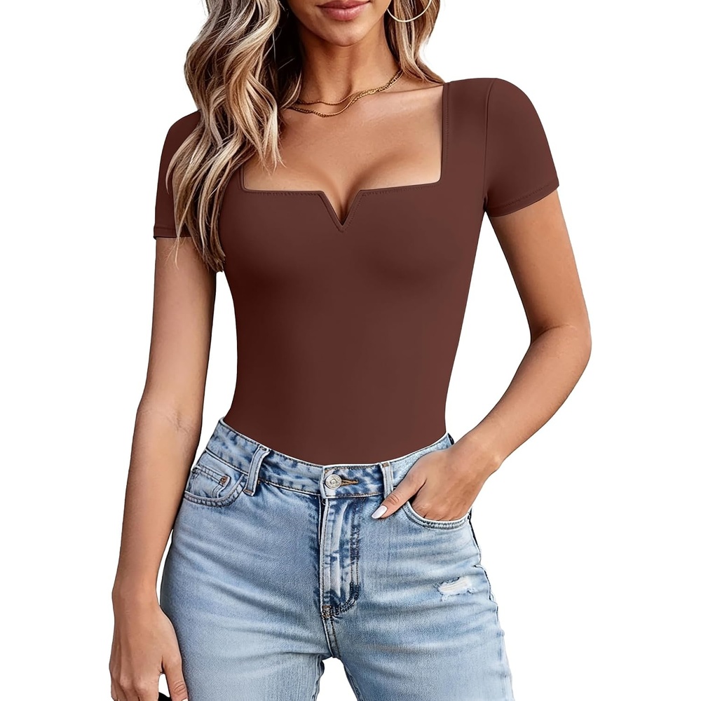 image:imageAvidlove Womens Short Sleeve Bodysuit Square Neck Body Suits One Piece T Shirt Summer Going Out Tops Date OutfitsBrown