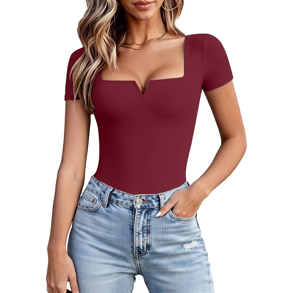 image:imageAvidlove Womens Short Sleeve Bodysuit Square Neck Body Suits One Piece T Shirt Summer Going Out Tops Date OutfitsBurgundy