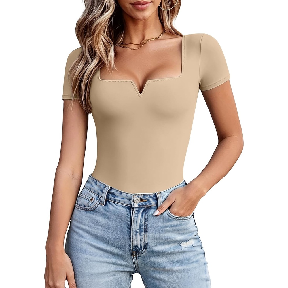 image:imageAvidlove Womens Short Sleeve Bodysuit Square Neck Body Suits One Piece T Shirt Summer Going Out Tops Date OutfitsNude