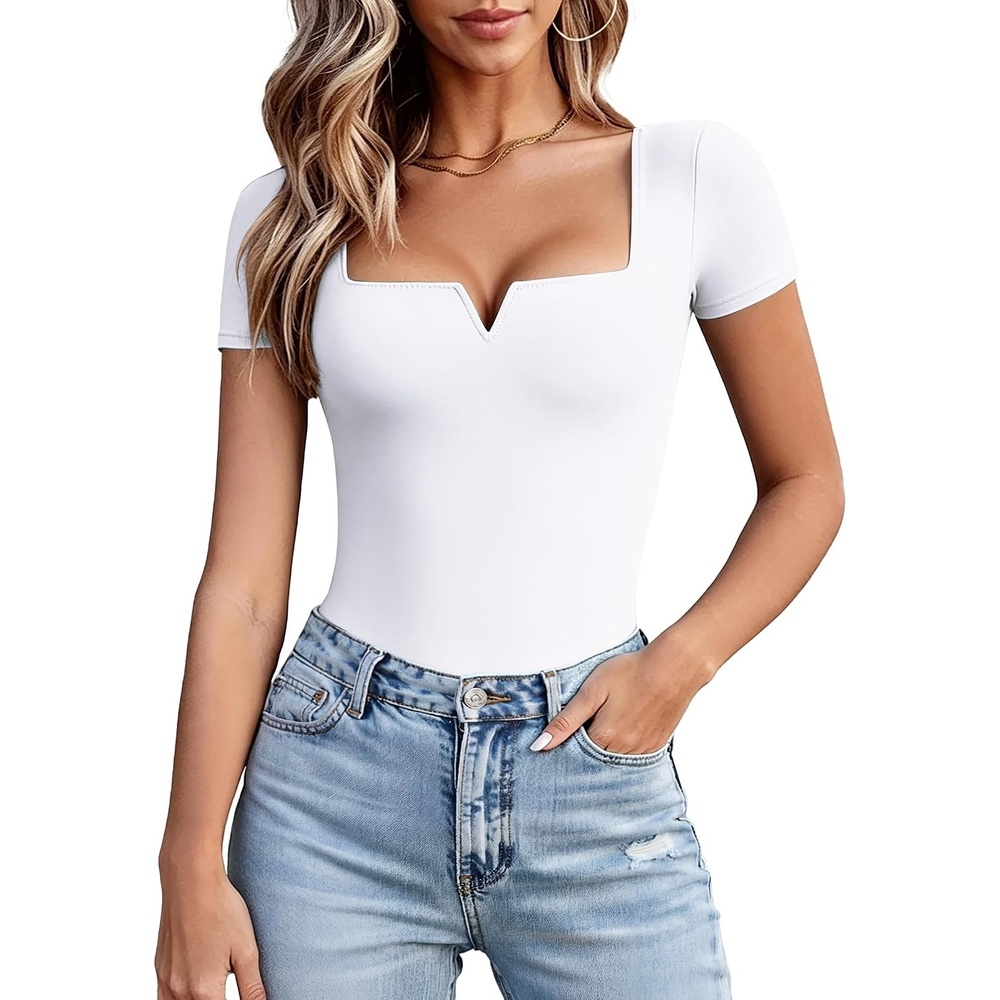 image:imageAvidlove Womens Short Sleeve Bodysuit Square Neck Body Suits One Piece T Shirt Summer Going Out Tops Date OutfitsWhite
