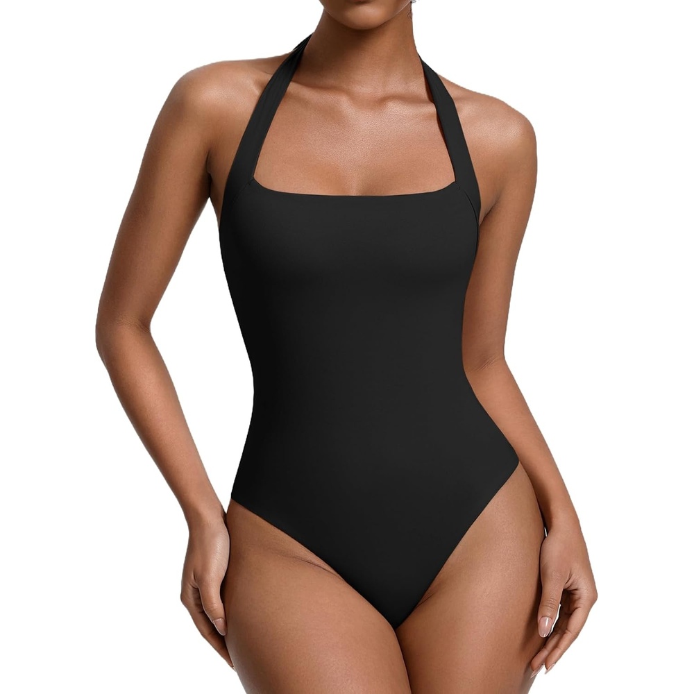 image:imageAvidlove Womens Square Neck Halter Bodysuit Sleeveless Double Lined Body Suits Going Out Tops Thong BodysuitBlack